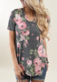 Grey Floral Irregular V-neck Short Sleeve Casual T-Shirt