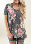 Grey Floral Irregular V-neck Short Sleeve Casual T-Shirt