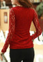 Red Patchwork Lace Round Neck Long Sleeve Elegant T-Shirt