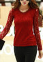 Red Patchwork Lace Round Neck Long Sleeve Elegant T-Shirt