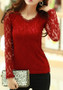 Red Patchwork Lace Round Neck Long Sleeve Elegant T-Shirt