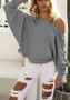 Grey Irregular Asymmetric Shoulder Lace-Up Ruched One-Shoulder Dolman Sleeve T-Shirt