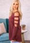 Burgundy Cut Out Sleeve Round Neck Long Sleeve Fashion T-Shirt