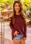 Burgundy Cut Out Sleeve Round Neck Long Sleeve Fashion T-Shirt