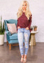 Burgundy Cut Out Sleeve Round Neck Long Sleeve Fashion T-Shirt