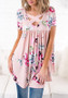 Pink Floral Ruffle Irregular Cut Out Round Neck Casual T-Shirt