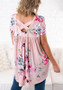 Pink Floral Ruffle Irregular Cut Out Round Neck Casual T-Shirt