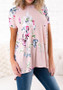 Pink Floral Ruffle Irregular Cut Out Round Neck Casual T-Shirt