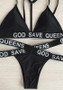 Black Letter Condole Belt Cut Out 2-in-1 V-neck Swimwear