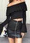 Black Ruffle Bandeau Backless Off Shoulder Long Sleeve Party T-Shirt