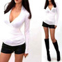 White Plain Ruffle Plunging Neckline Long Sleeve Fashion T-Shirt