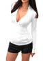 White Plain Ruffle Plunging Neckline Long Sleeve Fashion T-Shirt