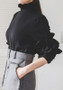 Black Ruffle Buttons Cut Out Off Shoulder Band Collar Long Sleeve Blouse