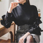 Black Ruffle Buttons Cut Out Off Shoulder Band Collar Long Sleeve Blouse