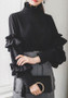 Black Ruffle Buttons Cut Out Off Shoulder Band Collar Long Sleeve Blouse