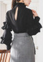 Black Ruffle Buttons Cut Out Off Shoulder Band Collar Long Sleeve Blouse