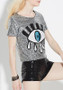 Silver Patchwork Eyes Print Sparkly Short Sleeve Casual T-Shirt