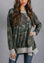 Army Green Camouflage Print Irregular Zipper Long Sleeve Sweatshirt