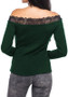 Green Patchwork Lace Off Shoulder Boat Neck Long Sleeve Blouse