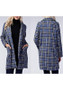 Blue Plaid Pockets Turndown Collar Long Sleeve Casual Tartan Long Coat