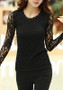 Black Patchwork Lace Round Neck Long Sleeve Elegant T-Shirt
