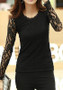 Black Patchwork Lace Round Neck Long Sleeve Elegant T-Shirt