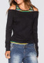 Black Striped Print Cut Out Round Neck Long Sleeve T-Shirt