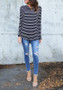 Black-White Striped Irregular Side Slit Round Neck Long Sleeve Casual T-Shirt