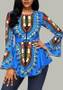 Light Blue Floral Round Neck Long Sleeve African Fashion T-Shirt