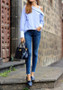 Blue Striped Asymmetric Shoulder Buttons Long Sleeve Fashion Blouse