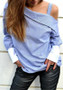 Blue Striped Asymmetric Shoulder Buttons Long Sleeve Fashion Blouse