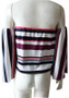 White Striped Print Boat Neck Elbow Sleeve Casual T-Shirt