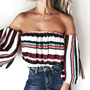 White Striped Print Boat Neck Elbow Sleeve Casual T-Shirt