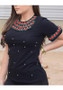 Black Patchwork Pearl Ruffle Round Neck Short Sleeve T-Shirt