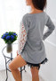 Grey Patchwork Lace Round Neck Long Sleeve Casual Blouse