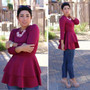 Burgundy Cascading Ruffle Long Sleeve Round Neck Peplum High Waisted Fashion T-Shirt