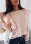 Pink Patchwork Lace Ruffle Round Neck Long Sleeve Elegant Blouse