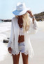 White Eagle Print Lace Fringe Cardigan Bohemia Beach Cover Up Chiffon Kimono