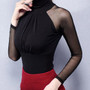 Black Patchwork Grenadine Pleated High Neck Long Sleeve T-Shirt