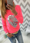 Pink Love Print Round Neck Long Sleeve Casual T-Shirt