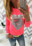 Pink Love Print Round Neck Long Sleeve Casual T-Shirt