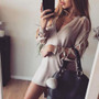 Khaki Plain Cut Out Hollow-out Lace-up Irregular Slit High-low V-neck Long Sleeve T-Shirt