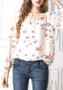 Beige Floral Drawstring V-neck Long Sleeve Fashion Blouse