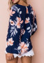 Navy Blue Floral Irregular V-neck Long Sleeve Fashion Blouse