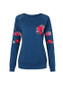 Dark Blue Floral Print Round Neck Long Sleeve Casual T-Shirt