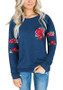 Dark Blue Floral Print Round Neck Long Sleeve Casual T-Shirt