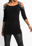 Black Patchwork Rhinestone Cut Out Round Neck Casual T-Shirt