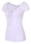 White Patchwork Lace Hollow-out Lace-Up Short Sleeve Casual T-Shirt