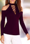 Purple Cut Out Off-shoulder Round Neck Long Sleeve Casual T-Shirt