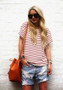 White-Red Striped Print Round Neck Short Sleeve Casual T-Shirt